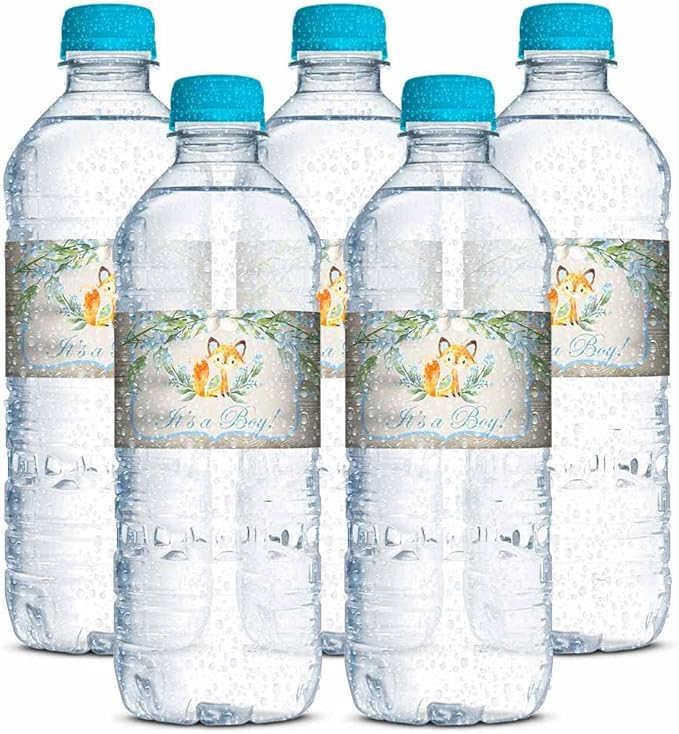 Watercolor Woodland Fox It's a Boy Baby Shower Waterproof Water Bottle Sticker Wrappers 20 Wrap Around Labels Sized 1.75" x 8.5" by AmandaCreation