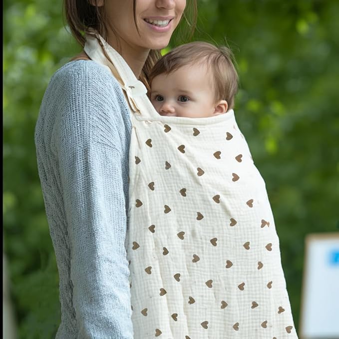 Muslin Nursing Covers for Breastfeeding, Arch Neckline Breast Feeding Covers for Women, Moms Privacy Breathable Summer Nursing Apron, Enlarged Soft Feeding Cover (Beige Khaki Heart)