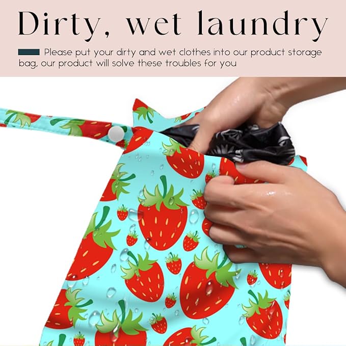 Wet Bag, Wet Dry Bag, Waterproof Swim Bags, Machine Washable Reusable Bags for Beach, Pool, Diapers, and Dirty Yoga Gym Clothes(Blue & Red Strawberry Print