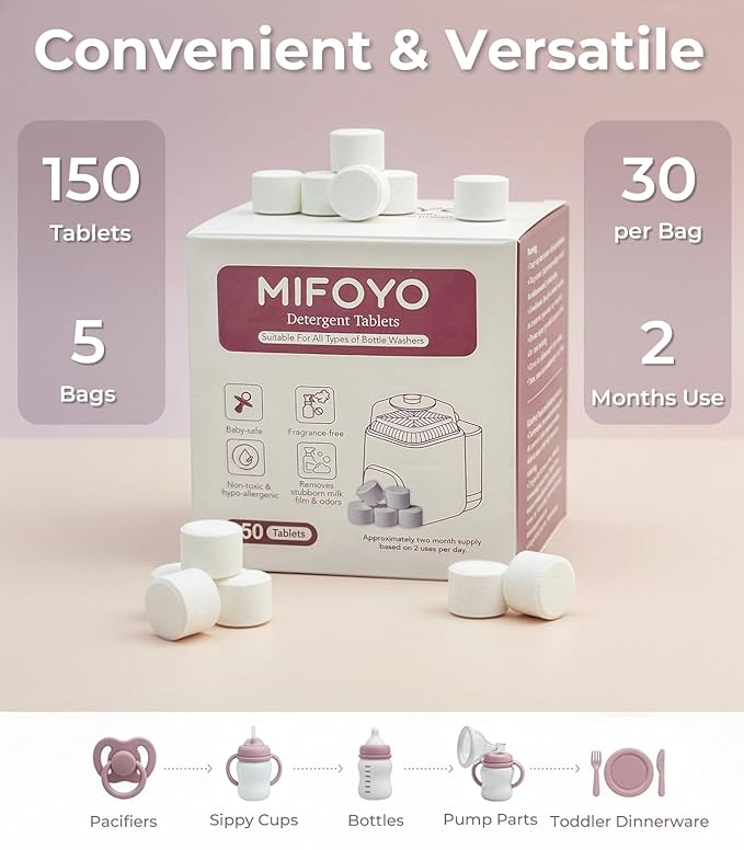 150PCS Baby Bottle Washer Detergent Tablets, Detergent Soap Tablets for All Brands Momcozy Baby Brezza Papablic Bottle Washers, Bottle Cleaning Tablets, Bottle Washer Tablets, 30 Count per Bag
