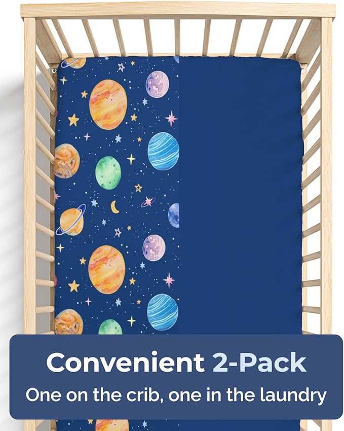 Baby Crib Sheets for Boys & Girls - Pack of 2 Fitted Microfiber Crib Sheets for Standard Crib & Toddler Mattress - Soft, Breathable & Wrinkle Free - Machine Washable, Oeko Tex - 52x28x8in - Planets