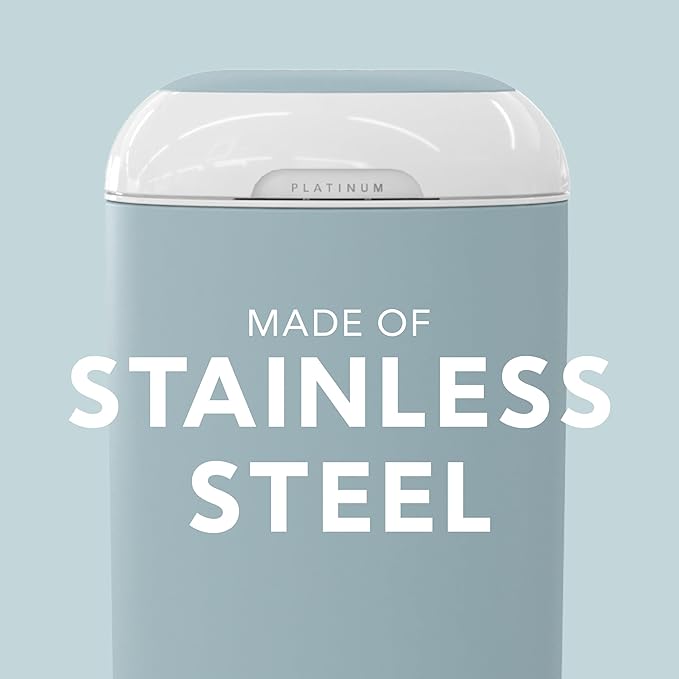 Diaper Genie Platinum Pail (Glacial Blue) is Made in Durable Stainless Steel and Includes 1 Easy Roll Refill with 18 Bags That can Last up to 5 Months.
