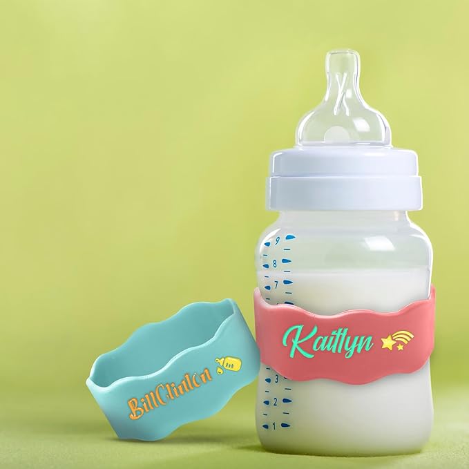 4 Pcs Personalized Water Bottle Name Bands, Washable Daycare Labels, Printable Name Sippy Cup Strap Reusable Bottle Labels Silicone Daycare Essentials
