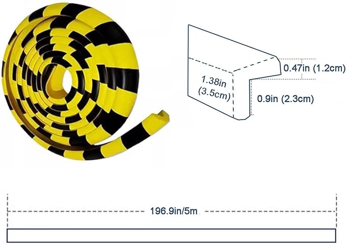 Wall Edge Corner Guards, 196.9in/5m Yellow Black Safety Bumpers, Self-Adhesive Foam Protector Padding, Warehouse Racks, Shelves, Garage & Equipment Protection (1, Yellow+Black, 196.5in/5m)