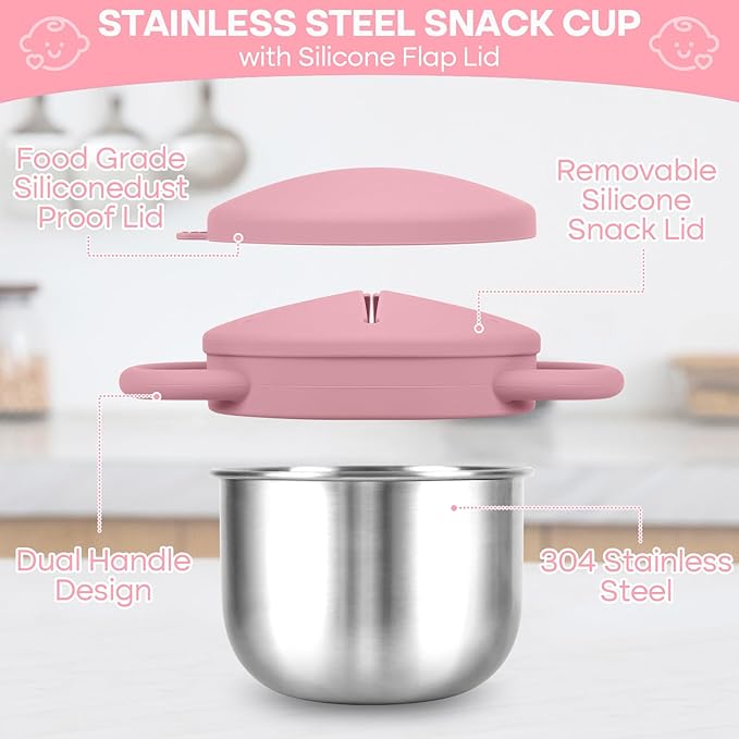 2-Pack Stainless Steel Snack Cup for Toddlers Spill-Proof, Baby Food Containers with Removable Silicone Lids & Handles | Dishwasher Safe, BPA-Free On-the-Go Kids Snack Containers Box
