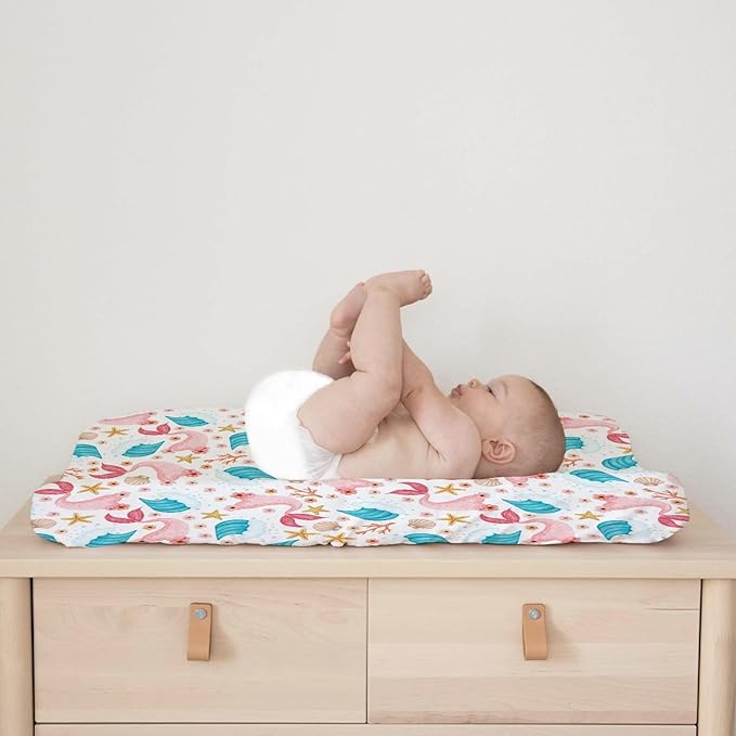 Colorful Nautical Life Changing Pad Cover Mermaid Starfish Conch Coral Wave Baby Change Table Pad Cover for Boy Girl Sea Ocean Marine Animal Soft Stretchy Fitted Diaper Changing Mat Sheets 32''x16''