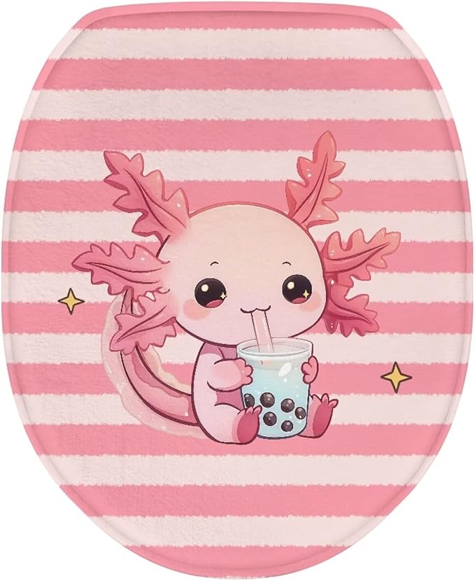 Cute Cartoon Axolotl Toilet Seat Lid Cover Flannel Fabric Toilet Seat Covers Kids Bathroom Decor Toilet Dust Cover Keep Clean Tidy Universal for Most Toilet Bowl Lids Pink