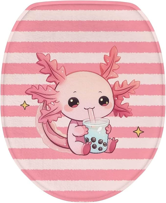 Cute Cartoon Axolotl Toilet Seat Lid Cover Flannel Fabric Toilet Seat Covers Kids Bathroom Decor Toilet Dust Cover Keep Clean Tidy Universal for Most Toilet Bowl Lids Pink