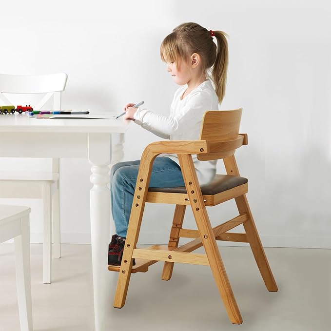 Solid Wood High Chair for Babies&Toddlers, Adjustable Baby Highchair with Steps for Dining, Teens Study Chair, Natural