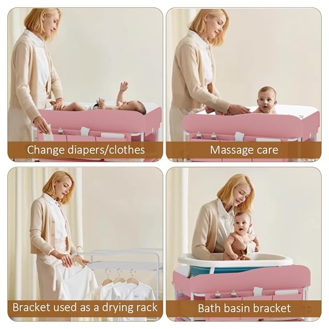 Diaper Changing Station, Portable Changing Table for Baby, Diaper Changing Table with Storage Drawers, Waterproof Baby Changing Station with Wheels and Adjustable Height for Newborn Infant (Pink)