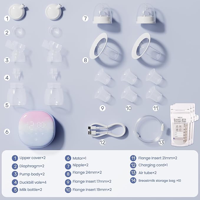 NCVI Double Electric Breast Pump 8122, Portable Milk Breastfeeding Pump with 4 Modes 9 Levels, Hospital-Grade Suction 280mmHg with 17/19/21/24mm Flanges for Home, Office and Travel, USB Rechargeable