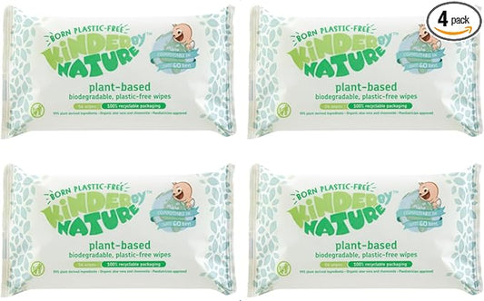 Kinder by Nature Plant Based Baby Wipes - 100% Biodegradable & Compostable, 224 Count (4 Packs of 56) - 99% Plant-Based Ingredients, Plastic-Free Wipes