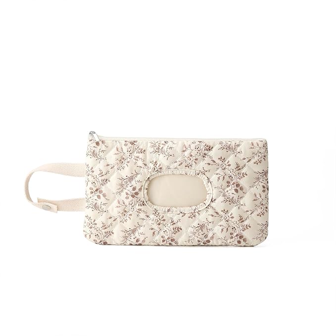Quilted Baby Wipe Holder, Canvas Floral Quilted Pouch with Hanging Strap, Portable Diaper Wipe Holder for Travel Stroller-Beige
