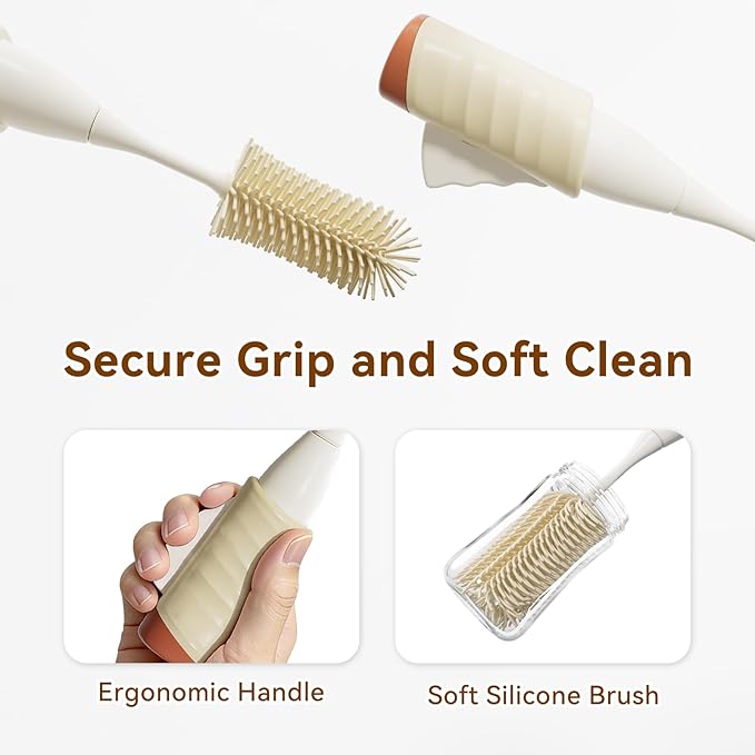 Baby Bottle Brush Set, Innovative Efficient Press-to-Spin Brush Cleaner - Includes Silicone Bottle Brush, Nipple Brush, Straw Cleaner - Spinning Generates Rich Foam for Deep Cleaning, Red