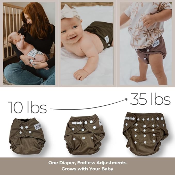 Nora's Nursery Cloth Diaper Cover, Washable Reusable Diaper Cover with Snap Closure, Flat or Fitted - 7 Pack with Wet Bag - Hickory