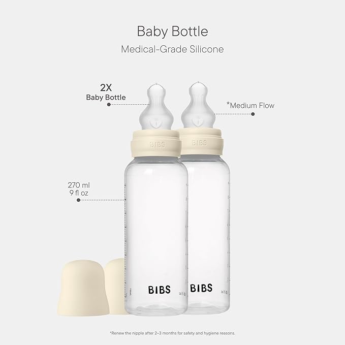 BIBS Baby Bottle 9 oz / 270 ml Natural Rubber Latex Nipple 2 Pack - Anti-Colic, BPA-Free, Round Nipple, Medium Flow, Lightweight & Easy to Clean, Suitable for Newborns 0+ Years - Ivory