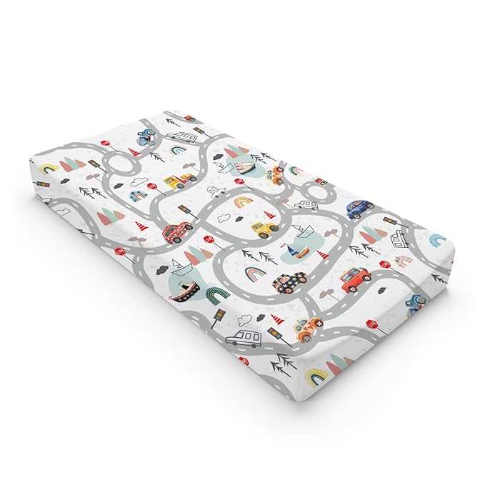 Cartoon Road Car Vehicles Changing Pad Cover City Roadway Truck Boat Mountain Forest Rainbow Diaper Changing Table Cover Sheets for Boy Girl Soft Breathable Stretch Fitted Change Table Mats 32''x16''