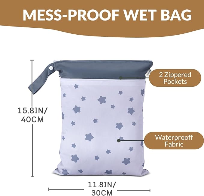 Cloth Diaper Wet Bags – Waterproof & Reusable Bag with 2 Zippered Pockets with Handle, Perfect for Stroller, Travel, Baby Essentials & Breast Pump Storage (Sand Triangular-2pk)