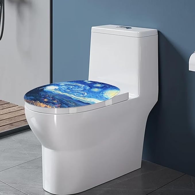Starry Night Print Toilet Lid Cover Flannel Fabric Toilet Cover Set Stretch Washable Protector Cover Suitable for Home School Hotel Dormitory Apartment Bathroom Decoration