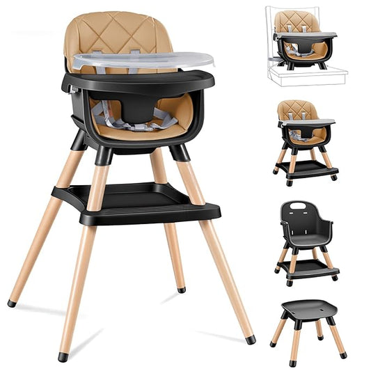 Babyliebe Baby High Chair, 8 in 1 Convertible Wooden High Chair for Babies and Toddlers, Converts to Booster Seat, Toddler Chair & Stool, with Removable Double Tray, Adjustable Legs & Footrest (Brown)