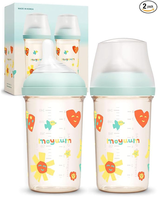 Moyuum MOV.aa Premium PPSU Wide Neck Anti-Colic Baby Bottle | Made in Korea, Microplastic & BPA-Free, Breastfeed Transition, Natural Fit Nipples for Newborns & All Stages - 8 oz (2 Pack, Mint)