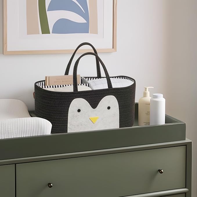 T&T Homewares Diaper Caddy Organizer, Cotton Rope Diaper Caddy Basket, Baby Shower Basket, Nursery Storage Bins, Newborn Caddie- Cat, Fox, Penguin (Black Penguin)