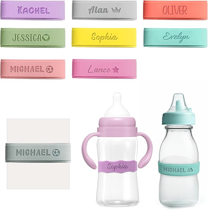 3UMeter 4PCS Personalized Waterproof Name Labels for Kids Custom Silicone Bottle Labels Engraved Non-Slip Elastic Reusable Water Bottle Name Bands for Boys Girls
