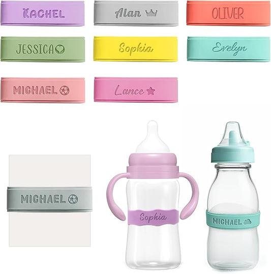 3UMeter 4PCS Personalized Waterproof Name Labels for Kids Custom Silicone Bottle Labels Engraved Non-Slip Elastic Reusable Water Bottle Name Bands for Boys Girls