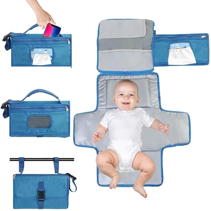 Portable Diaper Changing Pad for Baby - Waterproof Travel Changing Mat with Wipe Dispenser Pocket & Stroller Straps | Baby Registry Must Haves, Newborn Essentials & Baby Gift for Girls and Boys (Blue)