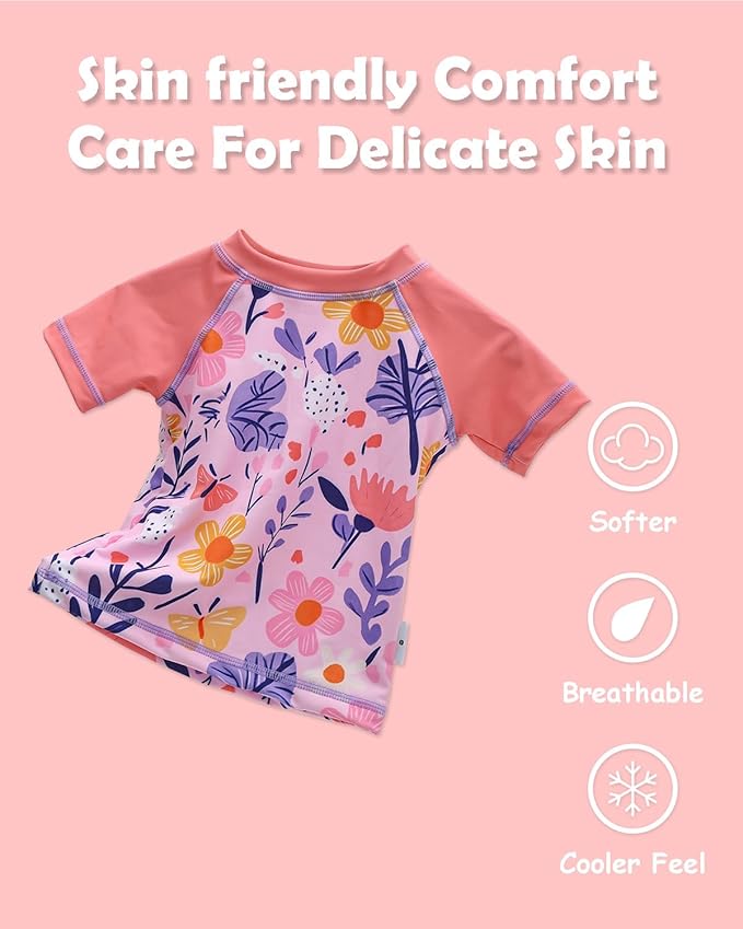ALVABABY Baby Girl Swimsuit, 2-Piece Infant Toddler Bathing Short Sleeve Swimwear, Large Baby Reusable Swim Diaper with Matching Top