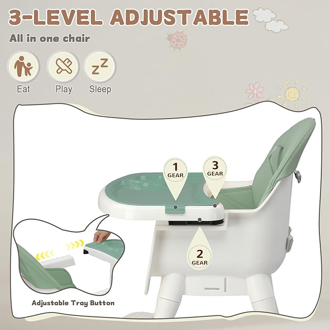 Ktaxon 3-in-1 Baby High Chair, Portable Adjustable Height Highchair with Removable Dual-Layer Tray, 5-Point Safety Harness and Footrest for Toddlers & Babies, Green