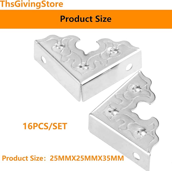 16 Pcs Table Corner Protectors, Silver Metal Antique Decorative Furniture Edge Corner Guards, 0.98x0.98x0.35inch Corner Pads Box Corner Decorative Edge Protector