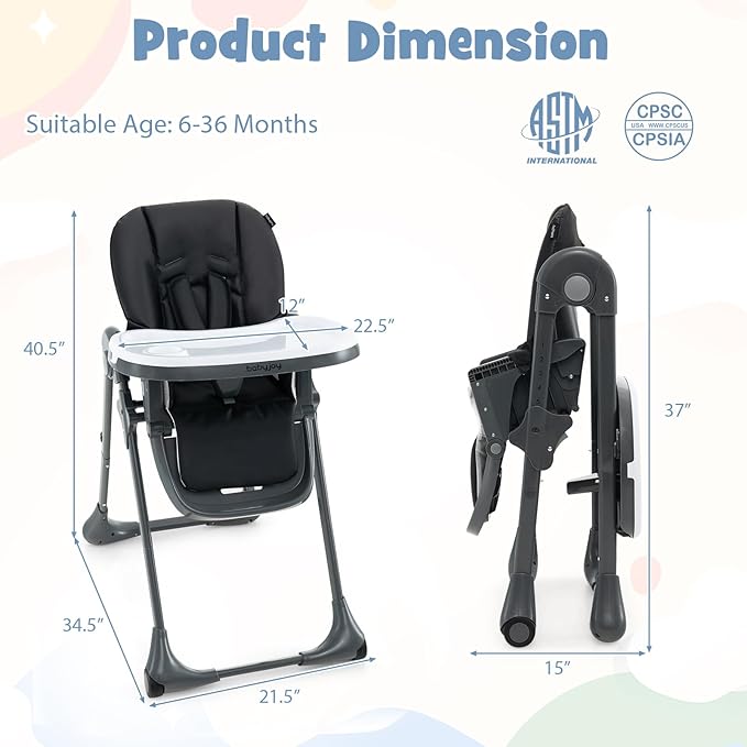 BABY JOY Convertible High Chair for Babies & Toddlers, Height Adjustable, Grow & Go High Chair w/Recline & Footrest, Removable Double Tray, Portable Baby Dinning Chair with Wheels (Black)