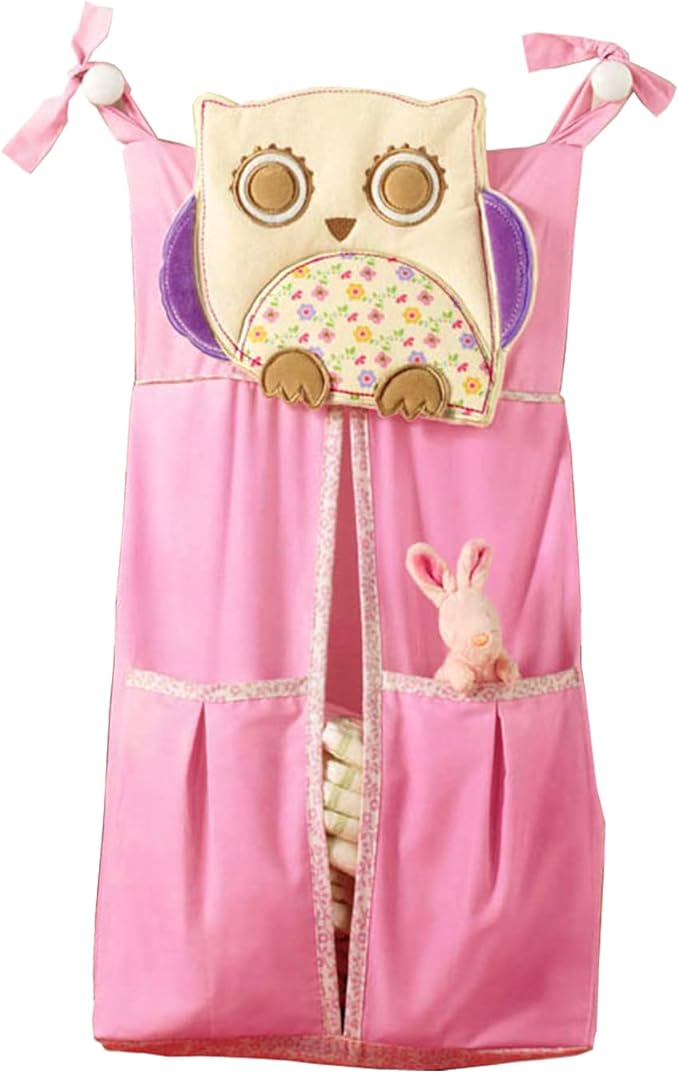 100% cotton Owl Nursery Diaper Stacker with Pockets Pink Owl Baby Diaper Hanging Bag Nursery Organizer for Cribs (pink owl)