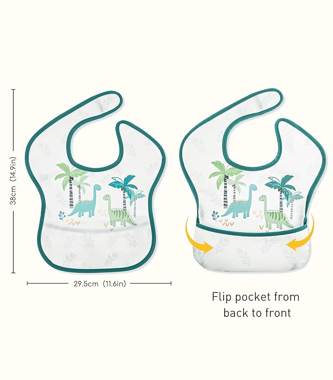 3-Pack Waterproof Baby Bibs for Eating - Mess Proof Lightweight Toddler Feeding Bibs with Large Food Catcher, Food-Grade Baby Eating Essentials, Easy to Put On & Clean(Blue Dinosaur)