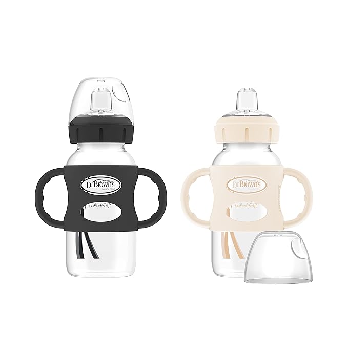 Dr. Brown's Milestones Wide-Neck Sippy Spout Bottle with 100% Silicone Handles & Milestones Wide-Neck Sippy Straw Bottle with 100% Silicone Handles and Weighted Straw, 9 oz/270 mL, Gray & Blue, 6m+