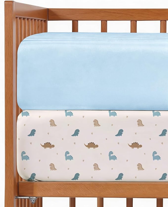 2-Pack Mini Crib Sheets Fitted - Pack N Play Sheets for Pack and Play Mattress - Stretchy Soft Microfiber Playard Bedding - Mini Toddler Bed Cover for Boys & Girls - Oeko-Tex - 38 x 24in, Cute Dinos