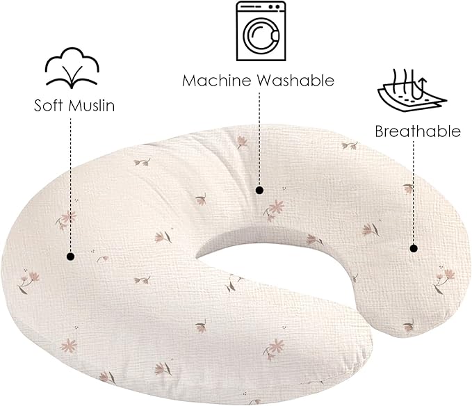 Little Grape Land Muslin Nursing Pillow Covers 2 Pack, 100% Cotton Removable Breastfeeding Pillow Covers, Feeding Pillow Slipcovers for Baby Boys & Girls, (Fog Flower & Rosy)