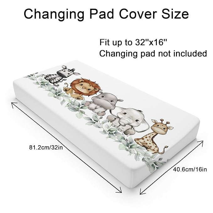 Baby Safari Animals Changing Pad Cover Cute Lion Elephant Giraffe Zebra Hippo Boho Green Leaves Change Table Pad Cover for Boys Girls Soft Stretch Fitted Diaper Changing Mat Sheets 32''x16''