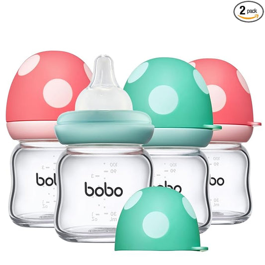 YOHKOH Natural Glass Baby Bottle with Level 1 Slow Flow Nipple, Newborn Anti-Colic Baby Bottles, Wide Neck Mushroom Baby Glass Bottle (3.4oz (Pack of 4), Multicolour)