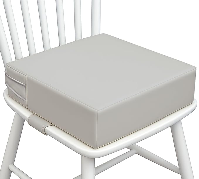 Toddler Booster Seat for Dining Table – PU Washable Cushion with Double Safe Straps, Non-Slip Bottom, Portable Travel Booster Seat for Toddlers (Grey)