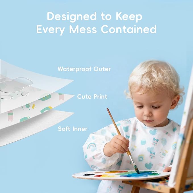 KIIS Disposable Baby Bibs, Waterproof Smock Bibs, Full Coverage for Toddlers & Kids, Mess-Free Feeding for Travel & Daycare