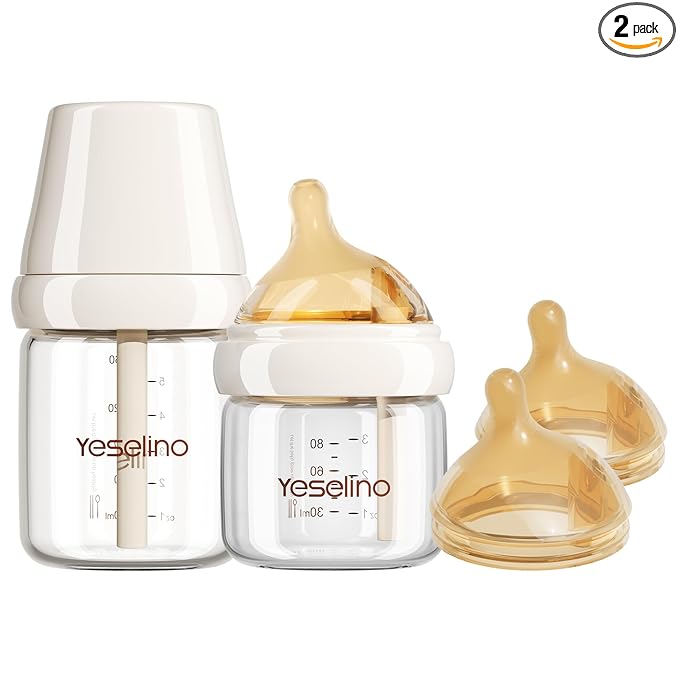 Natural Nursing Glass Baby Bottle - with Anti-Colic Vent System - BPA-Free, 3 oz and 5 oz with Slow Flow & Medium Flow Nipple, 0-6 Months, 2 Pack (Includes 4pcs Nipples)