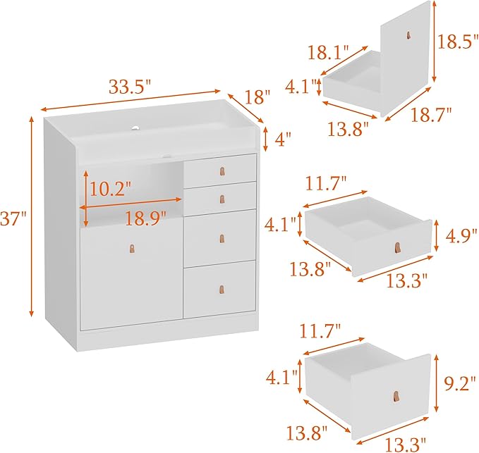 Baby Changing Table Dresser with 5 Drawers, Baby Nursery Dresser with Laundry Basket, Infant Changing Station Organizer for Nursery and Bedroom, White (33.5" W x 18" D x 37" H)