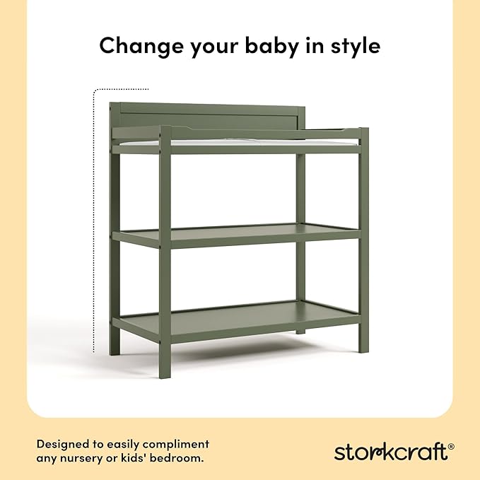 Storkcraft Alpine Changing Table (Olive) - Includes Water Resistant Changing Pad with Safety Strap, 2 Open Shelves for Storage