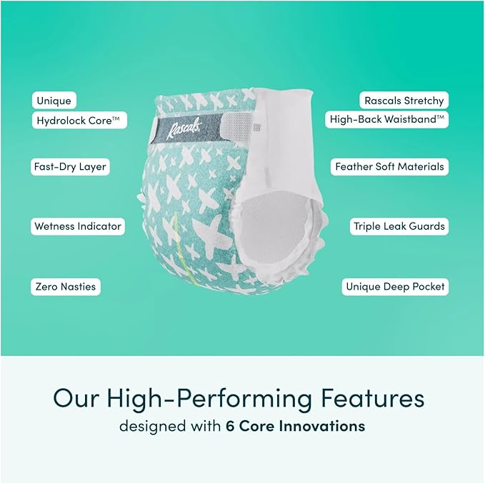 Rascals Premium Disposable Baby Diapers Size 1 (38 Count), Absorbent Core, Up to 12 Hours Protection, Gentle Materials, Secure Fit, Soft Comfort