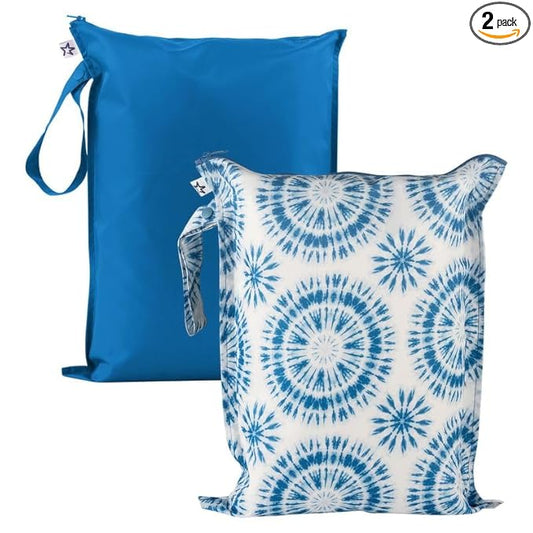 Tiny Twinkle Mess Proof Wet Bags | 2-Pack Reusable Waterproof Wet Bags for Swimsuits | Baby Clothes | Travel & Diaper Bag (Blue Tie Dye)
