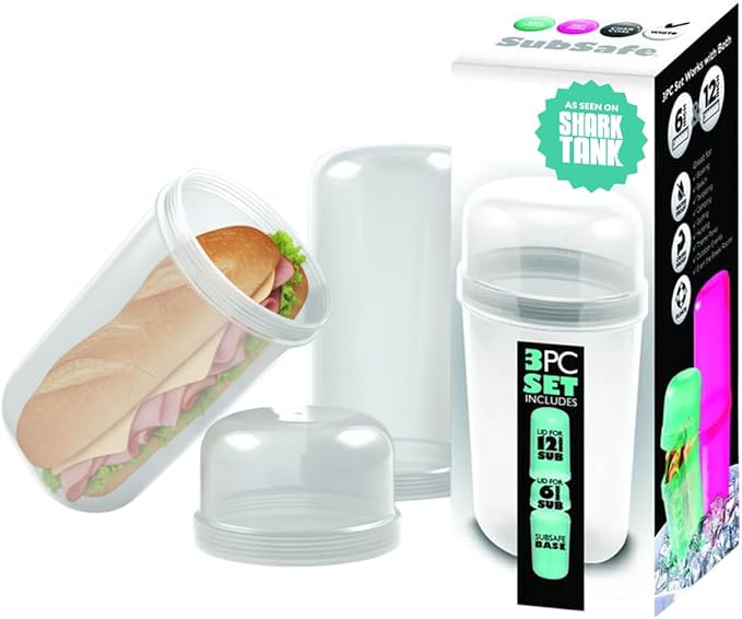 SubSafe 3-Piece BPA-Free Sub Sandwich Container - As Seen on Shark Tank - Waterproof, Crushproof Food Storage that Floats - Fits 6 & 12 in Subs - Great for Travel, Beach, Camping
