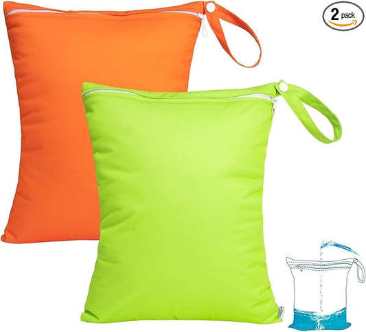 babygoal Wet Dry Bags 2 Pack for Swimsuits, Waterproof Bag for Travel, Food Storage, Stroller, Daycare, Baby Diapers, Yoga, Beach, Pool, Wet Clothes-Green and Orange