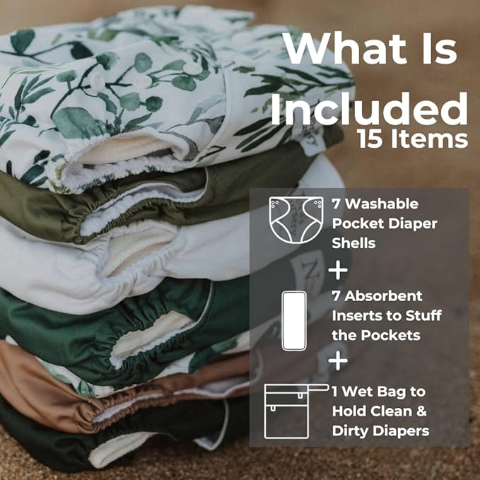 Nora's Nursery Morning Dew Cloth Diapers 7 Pack with 7 Inserts & 1 Wet Bag - Waterproof Cover, Washable, Reusable & One Size Adjustable Pocket Diapers for Newborns and Toddlers - Sage and Sea